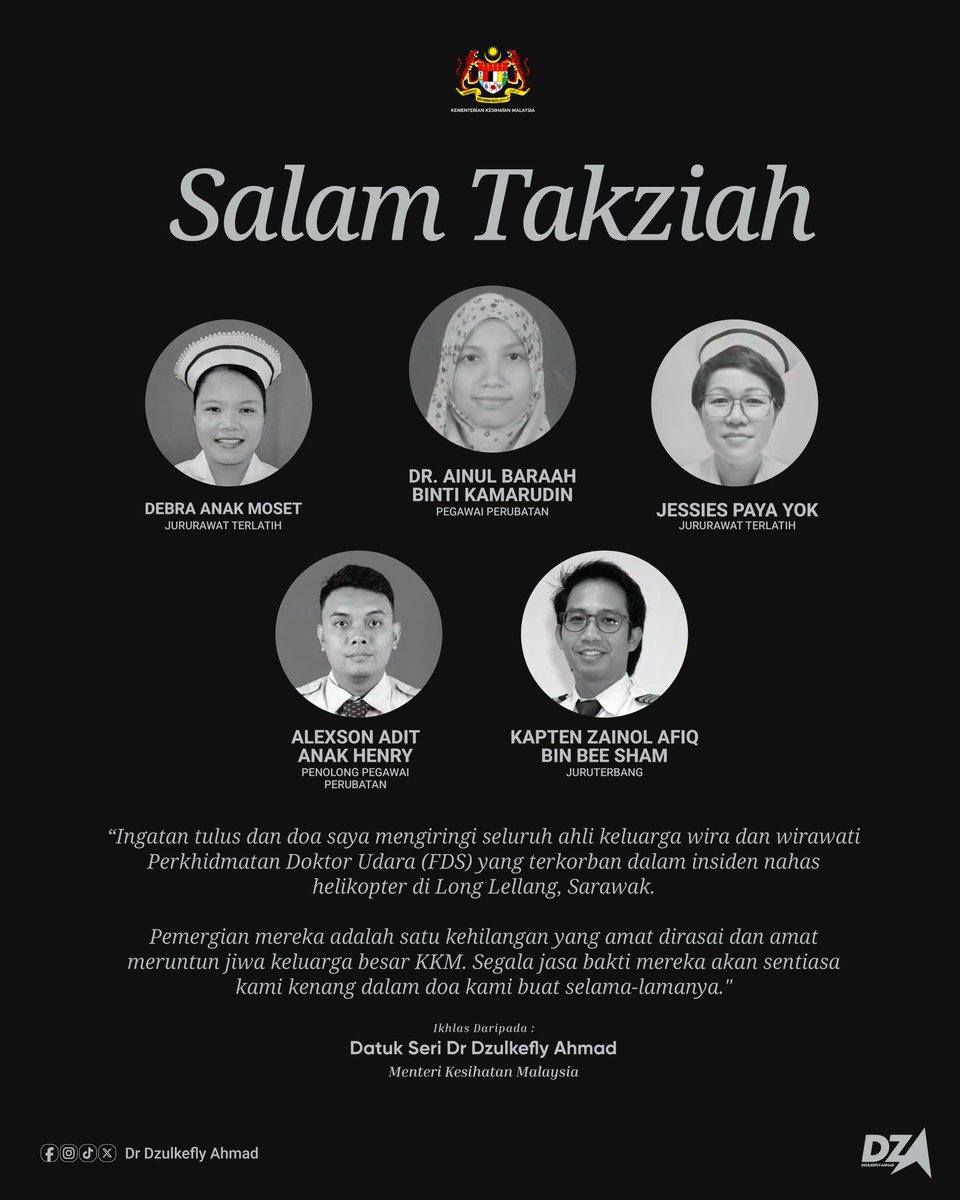 KKMPutrajaya's tweet photo. Pagi ini merupakan detik yang amat memilukan bagi keluarga besar Kementerian Kesihatan Malaysia (KKM) apabila jenazah 5 wira dan wirawati Perkhidmatan Doktor Udara (Flying Doctor Service, FDS), termasuk juruterbang, mula diserahkan kepada keluarga untuk perjalanan terakhir mereka.

YB Datuk Seri Dr Dzulkefly Ahmad, Menteri Kesihatan, akan berada di Kelantan pada pagi ini untuk memberi penghormatan terakhir kepada Allahyarhamah YBrs. Dr. Ainul Baraah binti Kamarudin.

Mohon doa seluruh rakyat Malaysia agar urusan persemadian kesemua mangsa dipermudahkan dan diberkati Allah Azzawajalla.

Al-Fatihah.