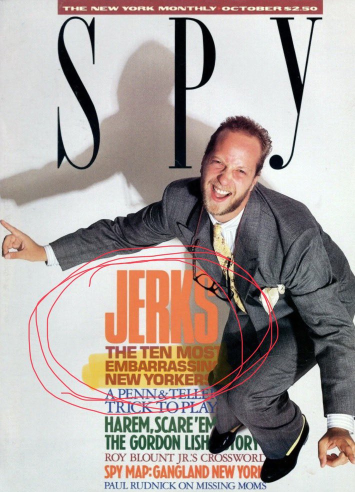 KBAndersen's tweet photo. 40 years ago next month, cover story of the first issue of Spy magazine, “Jerks — The Ten Most Embarrassing New Yorkers,”including Donald Trump. https://t.co/0OG3cA9ktn