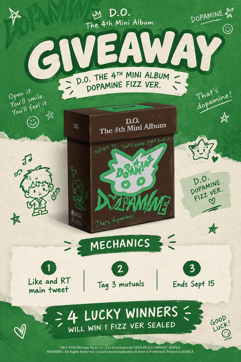 BangWinKon's tweet photo. WHO WANTS A LITTLE DOPAMINE? 🫧💚

4 SEALED D.O. DOPAMINE FIZZ VER. albums to 4 lucky winners! 🎁✨

✦ Like &amp; RT the main tweet ✦ Tag 3 mutuals on main tweet ✦ Ends September 15

Good luck, everyone! 🫶🏻 May the dopamine be with you! 🫧

#DO #DOPAMINE #KYUNGSOO https://t.co/SYdyq3jdpu