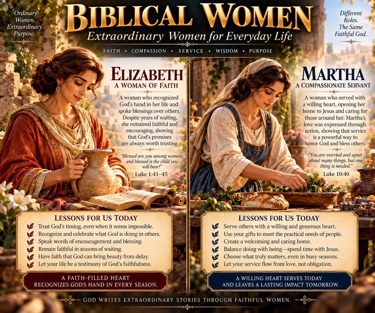 Dragon_Mindset's tweet photo. Elizabeth teaches us about trusting God's timing. She endured years of waiting and disappointment yet remained faithful. When God's answer finally came, she recognized His hand and celebrated His work not only in her own life but also in Mary's. Her story reminds us that waiting does not mean God has forgotten us. Sometimes faith simply means continuing to trust when we cannot yet see what God is doing.

Martha represents the beautiful dignity of service. She welcomed people, cared for practical needs, and expressed love through action. Yet her encounter with Jesus also gives us an important reminder: service must never become so consuming that we forget the One we are serving. Work matters. Caring for others matters. But sometimes the most important thing we can do is become still enough to sit in Christ's presence.

Eight women. Eight different stories. Eight different ways God used faithful lives for His purposes. Deborah led. Esther stood courageously. Naomi mentored. Hannah prayed. Lydia gave. Abigail made peace. Elizabeth trusted. Martha served. None needed to become someone else to fulfill God's calling; each offered Him the gifts, circumstances, struggles, and opportunities she had been given.
That may be the greatest lesson of all. God doesn't ask us to live someone else's calling. He asks us to faithfully live ours. Surround yourself with people who strengthen your faith, challenge your character, pray with you, speak wisdom into your life, serve beside you, and remind you who you are when life gets difficult.
Different gifts. Different seasons. Different callings. One faithful God.

FAITH • COURAGE • SERVICE