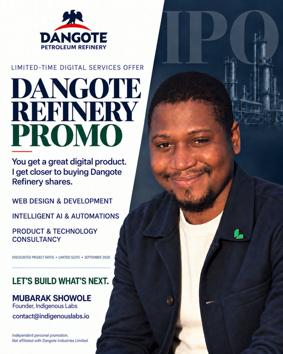 mubarak4show's tweet photo. Dangote Refinery goes public tomorrow. Indigenous Labs is running a promo too 😅

Need web development, AI automation or tech consultancy? Talk to us.

You get great work. I get closer to becoming a shareholder.

@IndigenousLabs_ | contact@indigenouslabs.io https://t.co/Mxumagl9bY