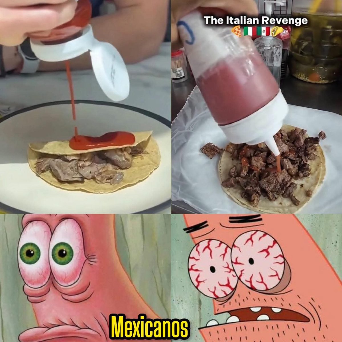 Wiimanu12's tweet photo. ❌ BASTA FREEEZEEEER!!!! 

#Italianos 🇮🇹 se hacen #virales luego de que subieran un video poniéndole catsup a los tacos en venganza por los mexicanos que le ponen catsup a la #pizza. 🍕 https://t.co/OGI4rofGx7