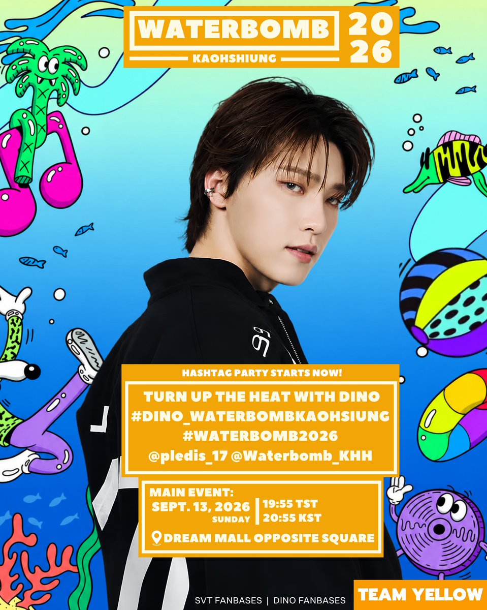 _TeamDINO's tweet photo. [#️⃣TAGS]

CARATs! DINONARAs! 
IN JUST ONE HOUR, we’re about to witness our maknae turn up the heat at WATERBOMB! 🔥💦 

Are you ready? Let’s get LOUD and show Dino all the love and support he deserves! 📣Our maknae is about to set the stage ON FIRE! 🔥 

Let’s make sure he feels the energy all the way from the crowd to the timeline! 🚨

DROP THE TAGS! 

TURN UP THE HEAT WITH DINO
#DINO_WATERBOMBKAOHSIUNG
#WATERBOMB2026
@pledis_17 @Waterbomb_KHH