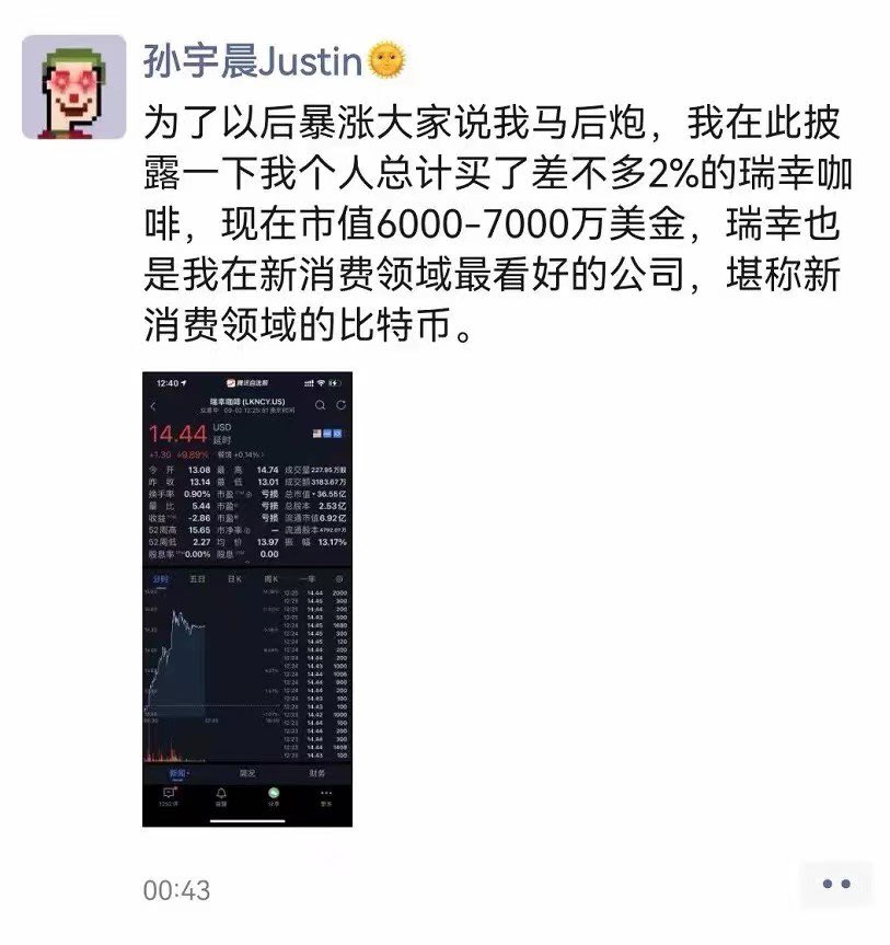 clotyufu's tweet photo. 孙哥很早就投了瑞幸，投资这块真得听孙哥的@justinsuntron https://t.co/SYc0vnzSM5