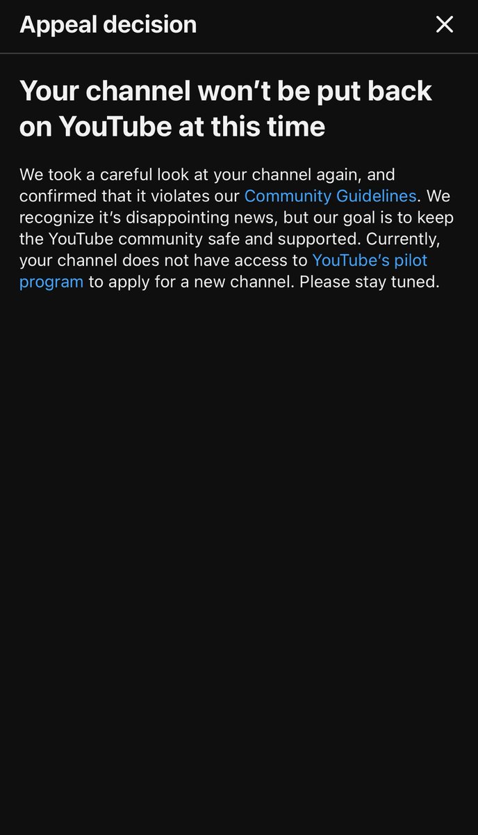 bobbyeigenfeld's tweet photo. So how does a YouTube channel that is just used to watch YouTube a violation of the guidelines? Please can I get a human on this since I’m sure the auto ai flagged me. @TeamYouTube @YouTube https://t.co/ymwosMtM5t