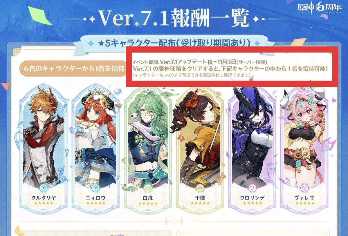 genshinmatome's tweet photo. 【限定星5獲得には条件と期間あり】

話題の限定星5キャラ配布ですが、受け取るには7.1の魔神任務クリアという条件があります。
また、受取期間はVer7.1期間中（11/3まで）となっています。

これを機に始めてくれる新規プレイヤーにとってはそこそこハードルが高いです。
もし、限定星5配布をキッカケに原神始めてみようという方は今すぐ始めて、ある程度準備しておきましょう。
#原神