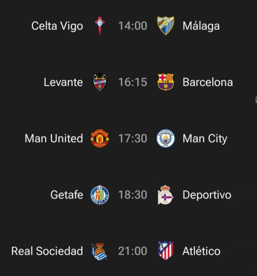 fran_navarr0's tweet photo. #MenuDomingo así, ordenadito:

⏰14'00 Celta vs Málaga

⏰16'15 1ªp Levante vs Barça

⏰17'30 ManUtd vs City #ManchesterDerby🔥

⏰19'20 aprox, tramo final Getafe vs Depor

⏰21'00 RSociedad vs Atlético https://t.co/yHFbY00pou
