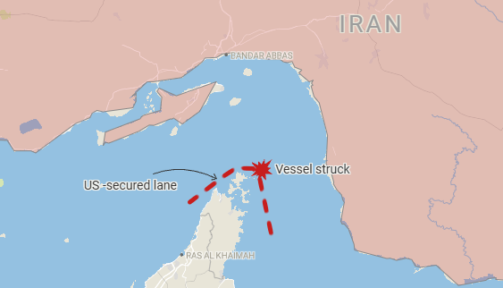 Osinttechnical's tweet photo. Iranian forces struck another ship as it transited the US-secured lane in the Strait of Hormuz tonight -UKMTO

Locals reported multiple explosions coming from the Strait tonight. https://t.co/iAOU2j8tRv