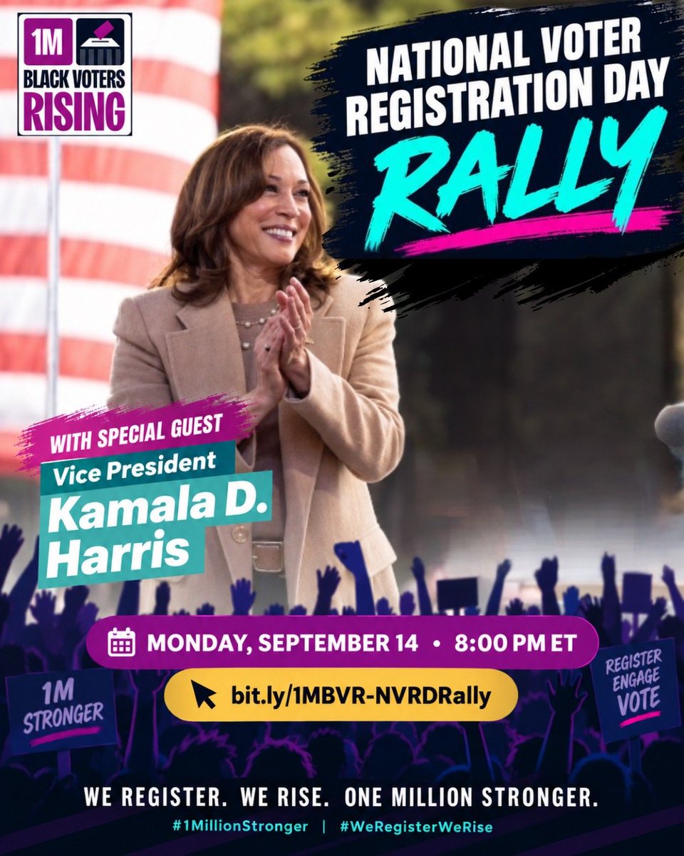 NatalieLShorter's tweet photo. Ok, yall!

Sign up and join us in welcoming Madam VP this Monday evening. 1MBVR is at it again, and we didn't come to play.

https://t.co/EFMNFduNx2 https://t.co/zBzCUhE5Pg