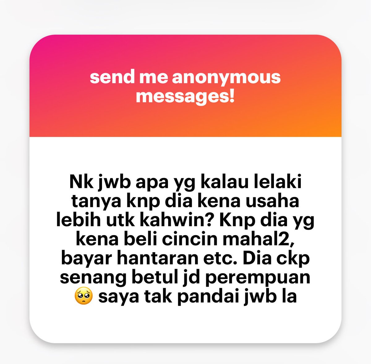 na_adf's tweet photo. Memang senang pun jadi perempuan. Kita tak perlu kerja separuh mati, kumpul 20-50k, provide rumah, nafkah seumur hidup just to receive love from our partner.

Btw kalau lelaki tu tanya anon, dia maybe masih tak nampak lagi anon as someone yg berbaloi utk dia berkorban, sbb orang yg betul2 cinta, dia takkan tanya soalan2 macam gini.

Utk perempuan yg ditanya what can she contribute, jawapan tak semestinya guna lisan, boleh je jawab guna perbuatan. For example, be his safe space, ajak dia kepada kebaikan, jadi someone yg boleh bagi dia ketenangan and support. 

Kalau ada ciri2 ni, most lelaki tu takkan terfikir nk tanya soalan yg macam “berbaloi ke tak aku beli cincin mahal2 utk kau”, dorang sendiri akan sedar yg cincin, hantaran takkan boleh dibanding dgn nilai yg you bawak dalam hidup dia.