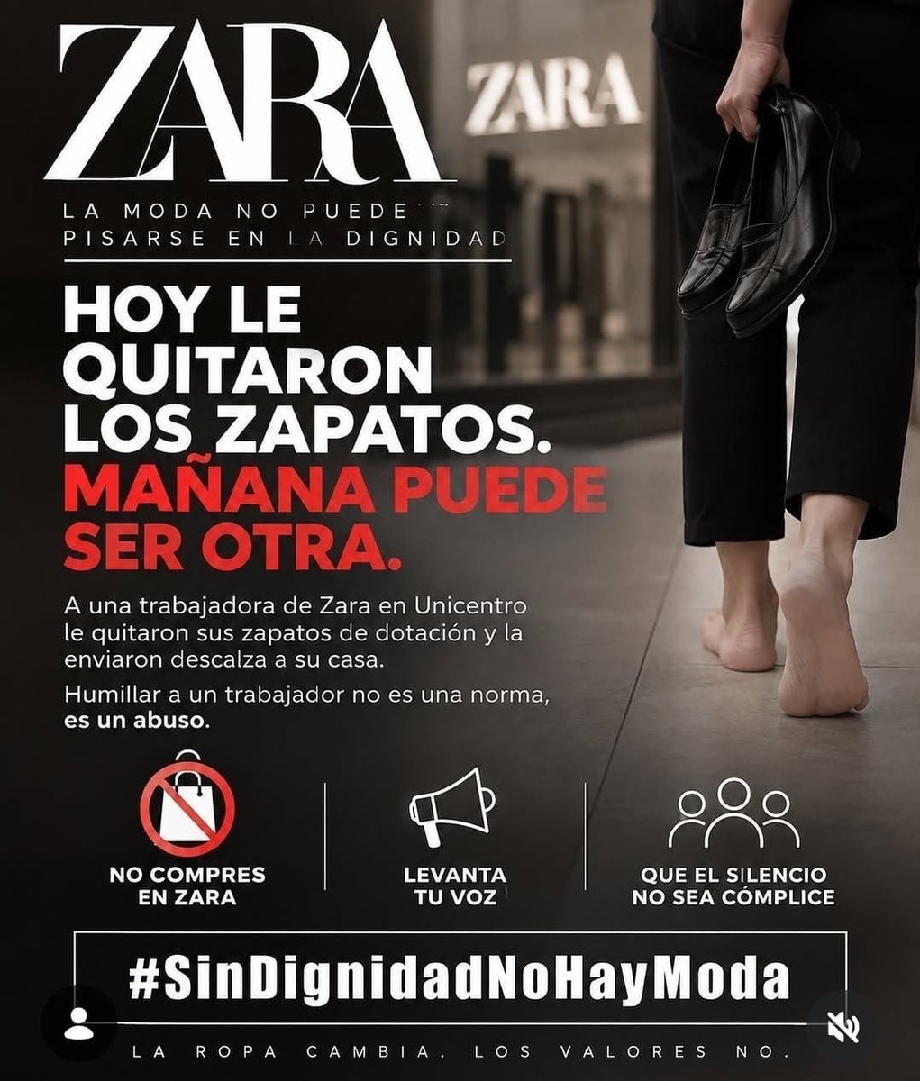 RobertoMTico's tweet photo. Compraba ZARA con mi familia, decidimos que ya no más. NO HAY DERECHO. Que se comunique conmigo la niña a quien LE QUITARON ILÍCITAMENTE sus zapatos. El empleador en COL, incluso por higiene, NO PUEDE ORDENAR LA DEVOLUCIÓN de la dotación laboral (prestación social) del trabajador https://t.co/W35EZpBu22