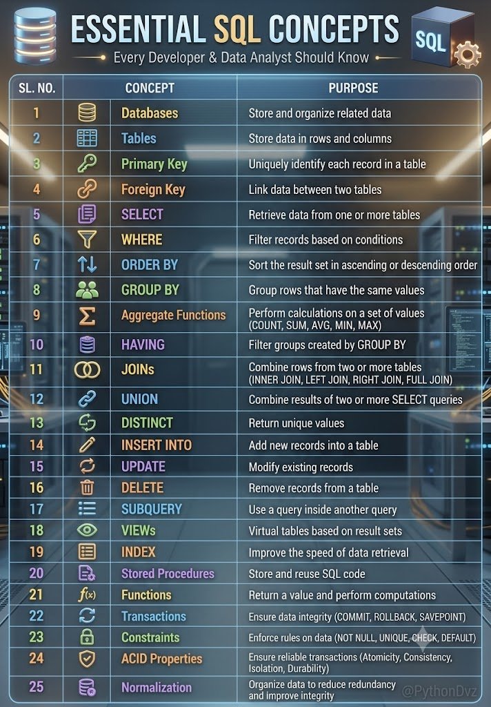 PythonDvz's tweet photo. Want to master SQL and become a data pro?

These are the essential SQL concepts every developer & data analyst must know to work with real-world databases 🚀

From basics like SELECT & WHERE → to advanced concepts like JOINs, Indexing & Transactions… this is your complete SQL roadmap in one post.

💡 Learning SQL is not optional anymore — it’s a core skill for Data Analytics, Data Science & Backend roles.

🔥 Save this post for quick revision