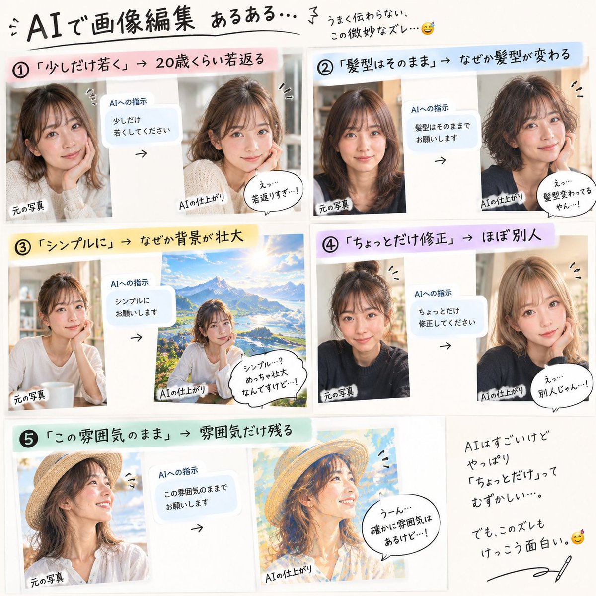 ichi_sa's tweet photo. AIに画像編集や似顔絵を生成してもらうと、かなり精度が高い！

ただ、微調整が難しすぎる…。

「もうちょっとだけこうして」
「ここはそのままで」
とお願いすると、

なぜか別のところまで変わっていく😂

最初の画像が一番良かったりする。
プロンプトの精度が低いのが原因なんだろうけど…。 https://t.co/Lozhge8ixI