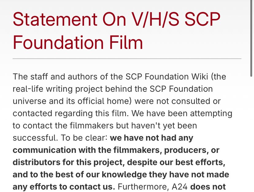 ROUNDERHOUSE's tweet photo. Disheartening as fuck how A24 / everyone involved with this SCP film seem to be actively avoiding acknowledging the license. Stings of wanting to take advantage of the creative contributions of thousands of ppl without giving due credit. Really hoping for a change of heart. https://t.co/iXUTJeNPyq