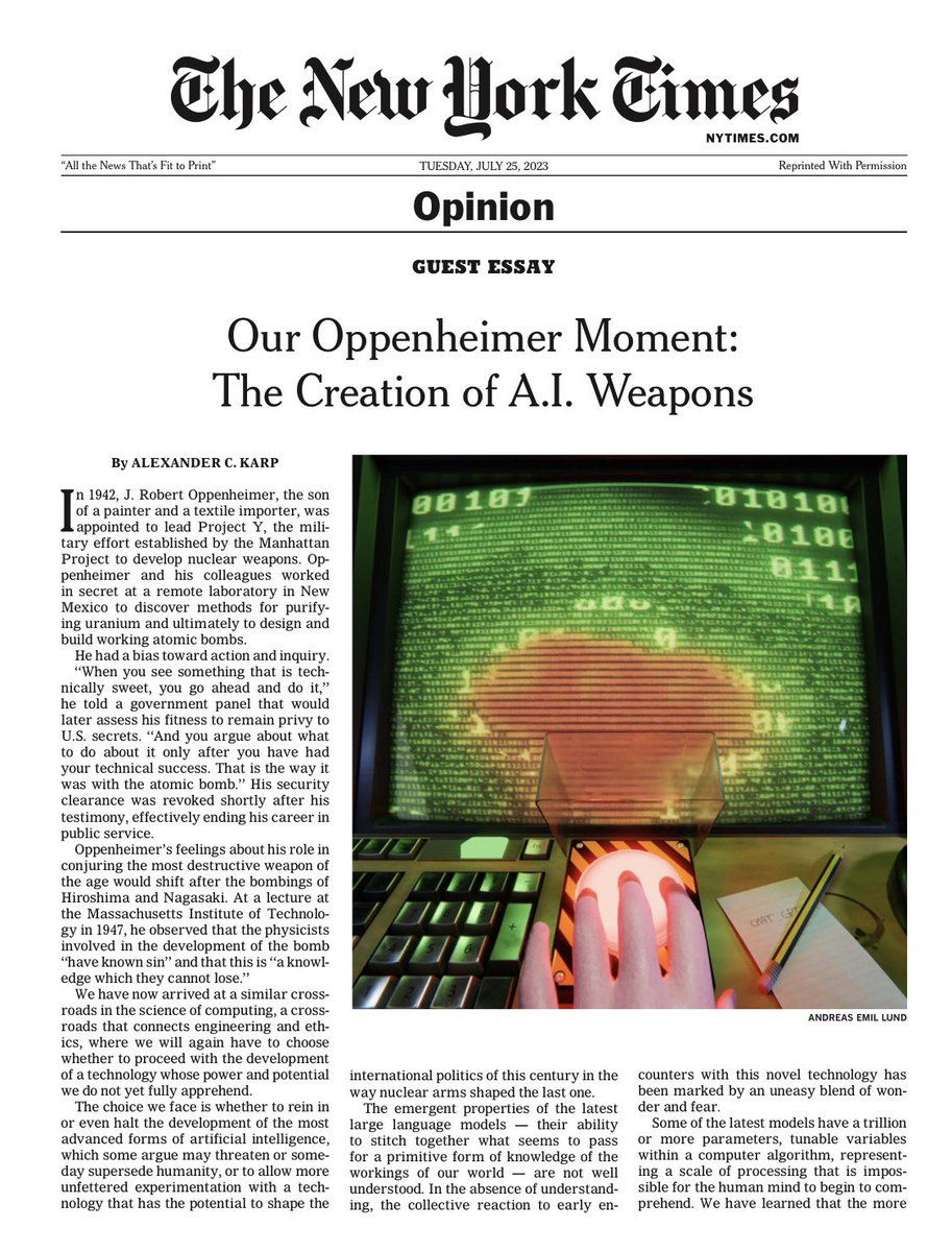 chadwahl's tweet photo. Anyone remember this from 2023?

“The suggestion to halt the development of these technologies is misguided.”

“We should be skeptical when the elites of Silicon Valley… now tell us that we must pause vital research.”

“Our adversaries will not pause to indulge in theatrical debates about the merits of developing technologies with critical military and national security applications. They will proceed.”

“This is an arms race of a different kind, and it has begun.”

“Our hesitation, perceived or otherwise, to move forward with military applications of artificial intelligence will be punished.”

“It requires hard power, and hard power in this century will be built on software.”

“The preconditions for a durable peace often come only from a credible threat of war.”

“Our attention should instead be more urgently directed at building the technical architecture and regulatory framework that would construct moats and guardrails around A.I. programs’ ability to autonomously integrate with other systems.”