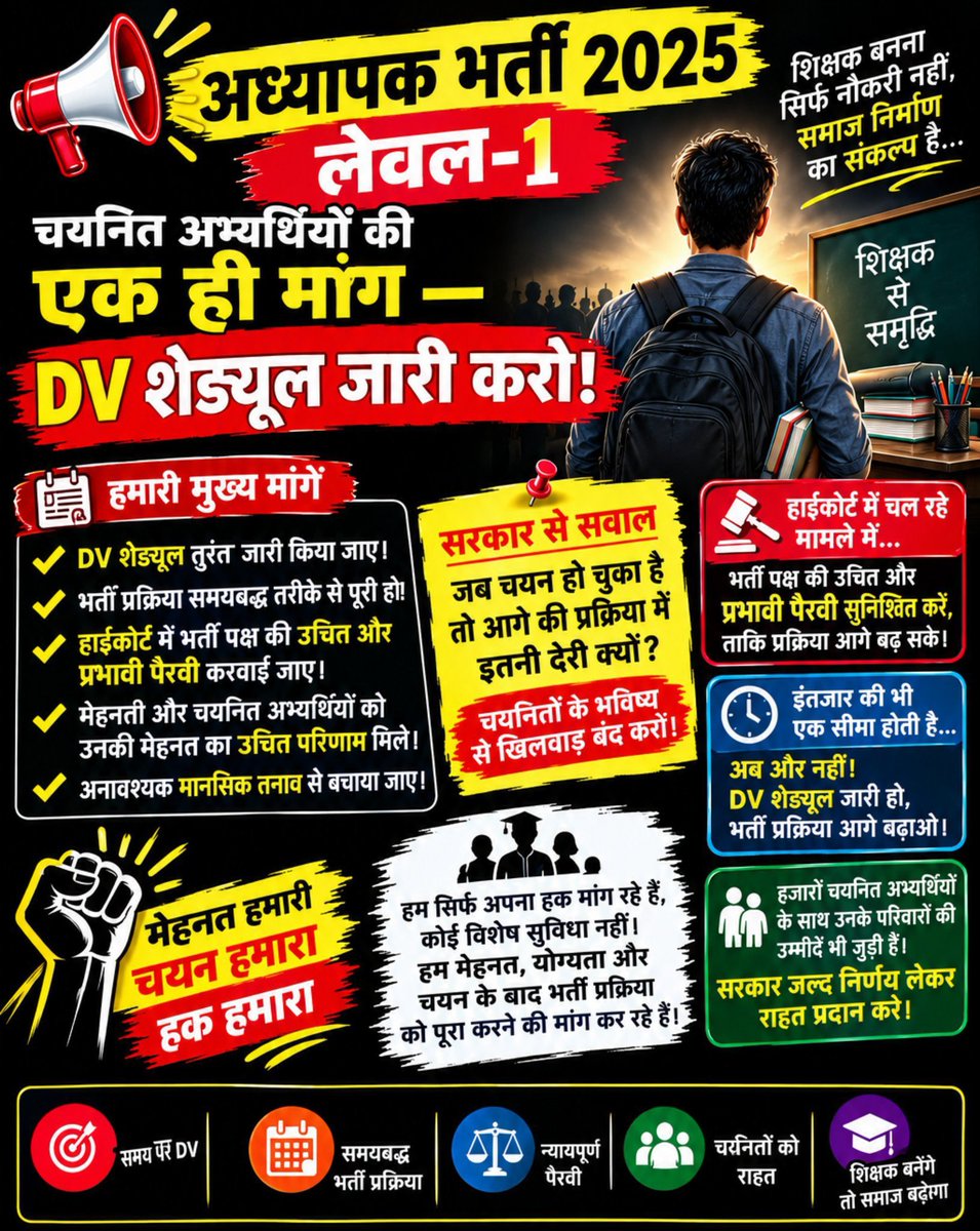 BHAGWAT47710488's tweet photo. 📢 अध्यापक भर्ती 2025 Level-1 के चयनित अभ्यर्थियों की मेहनत का सम्मान हो!
✊ मेहनत का सम्मान करो — DV शेड्यूल जारी करो!📚 युवाओं के भविष्य के साथ न्याय करो।#REET2025 #Level1 #DVSchedule #अध्यापकभर्ती #चयनितअभ्यर्थी #युवा_की_आवाज #राजस्थान_शिक्षक_भर्ती
#TeacherRecruitment2025 # https://t.co/h0MuwvHNSl