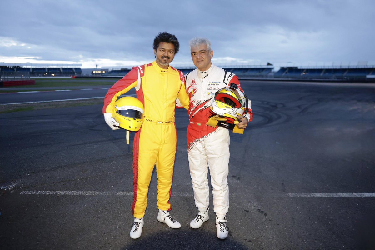sekartweets's tweet photo. Breaking: Yesterday, #Ajith gifted @CMOTamilnadu @TVKVijayHQ a #TVK-coloured racing suit. It was a lovely surprise for the TN CM. 

AK also drove four laps with the CM at the #Silverstone circuit. 

Beautiful camaraderie between the two superstars of Tamil cinema. What a moving moment to both the fandoms ❤️😍