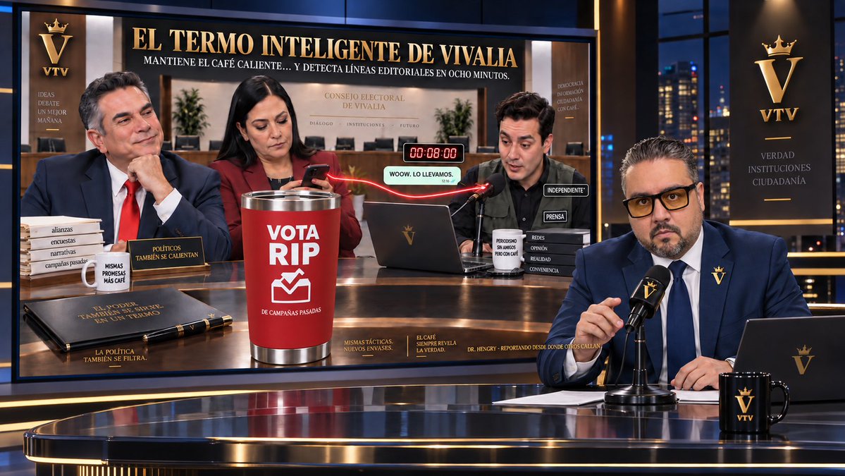 DrHengry's tweet photo. 📍 Desde Vivalia.

El Consejo Electoral presentó el primer Termo Inteligente de Vivalia.

Malito puso el vaso.
Ariadna Mandiel mandó la foto.
Perreo fabricó la “exclusiva”.
Y el RIP… llegó servido, como siempre.

En apenas ocho minutos, el termo detectó una línea directa entre el poder y el micrófono.

Investigación: “lo que vaya saliendo”.
Independencia editorial: sujeta a disponibilidad.

El termo pudo adelantarse a la campaña…

pero la línea llegó puntual, con foto, consigna y acusación incluida.

Porque en Vivalia nadie dicta la nota:

solo mandan la imagen, el enfoque y el culpable de turno.

¡Puro Vival!

🎙️ Dr. Hengry
Donde todos mandan…
y nadie responde.

#Vivalia #LaRepublicaDeLosVivales #DrHengry #VTV #TermoChallenge  #AlitoMoreno #AriadnaMontiel #ManuelPedrero