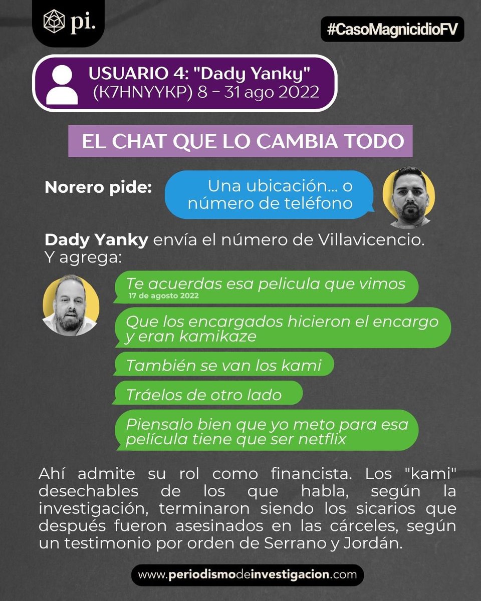 Pinvestigacion3's tweet photo. 5/11
Como "Dady Yanky", envió el número de teléfono de Villavicencio, habló de financiamiento y de los sicarios como desechables:

"Si yo meto para esa película tiene que ser netflix"

Esos "kami" terminaron muertos en prisión. https://t.co/QnTTEnTflc
