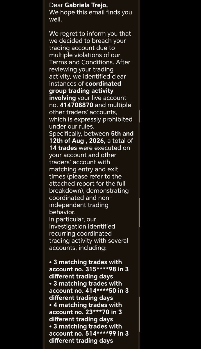 Gabyy_3113's tweet photo. Several traders have had payouts denied and accounts cancelled over alleged copy trading, with no clear solution.

We deserve transparency and answers.

Do we really need thousands of followers to be heard?

#PropFirm #Payouts #CopyTrading https://t.co/4aq36mp6Hs