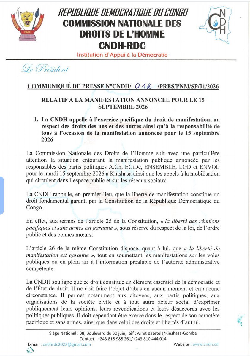 IsralMutombo11's tweet photo. Marche de la C64 du 15 septembre : La CNDH appelle à la retenue et met en garde contre toute incitation à la violence lors du rassemblement annoncé le 15 septembre à Kinshasa, en rappelant que la manifestation doit rester pacifique et compatible avec la Constitution. https://t.co/kHbtvm1T4K