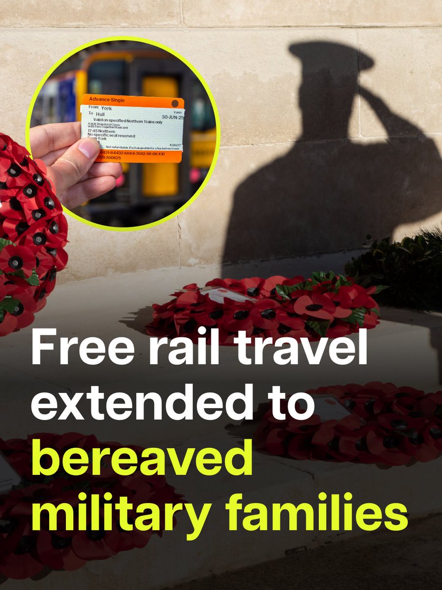 transportgovuk's tweet photo. For Remembrance weekend, travel costs shouldn't stand in the way.
 
This year, free rail travel is being extended to eligible bereaved military families, recognising their central place in our national acts of remembrance and helping ensure that the cost of travel is never a barrier to attending moments of reflection, commemoration and tribute. 
 
Alongside this new provision, serving personnel and veterans continue to benefit from free travel on national rail services to attend Remembrance services and events.
 
Apply by 16 October to secure your ticket.