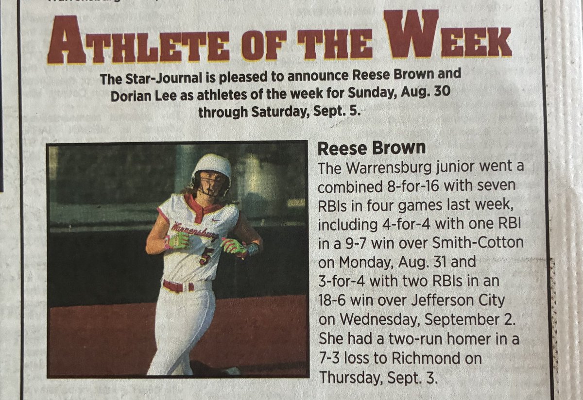 Reese_L_Brown's tweet photo. My high school team finished 1st in the Warrensburg tournament this weekend! We are off to an 11-2 start and having fun! I contributed with a .615 AVG., 3 Doubles, 2 Triples, &amp; 6 RBIs. 

I was honored to receive Athlete of the Week. 

@CoastRecruits @ExtraInningSB @LineDsoftball https://t.co/afX1ZWYv72