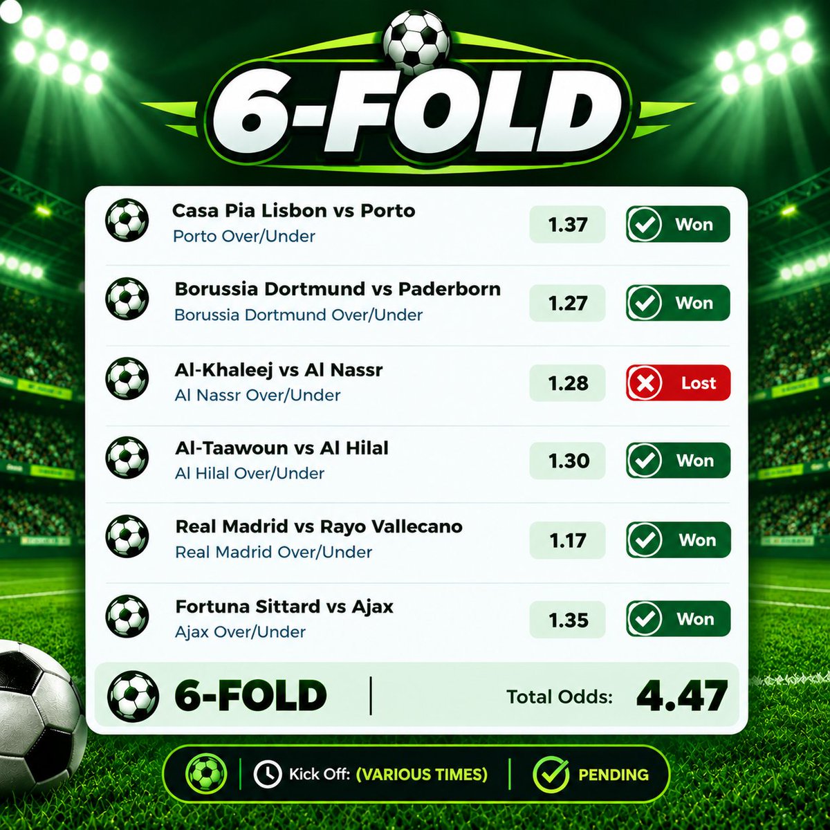 SureOddsHQ's tweet photo. ⚽️ 6-FOLD RESULTS 🔥

✅ Casa Pia vs Porto — WON
✅ Dortmund vs Paderborn — WON
❌ Al-Khaleej vs Al Nassr — LOST
✅ Al-Taawoun vs Al Hilal — WON
✅ Real Madrid vs Rayo Vallecano — WON
✅ Fortuna Sittard vs Ajax — WON

🔥 5/6 WON! https://t.co/ftX2boKsgY