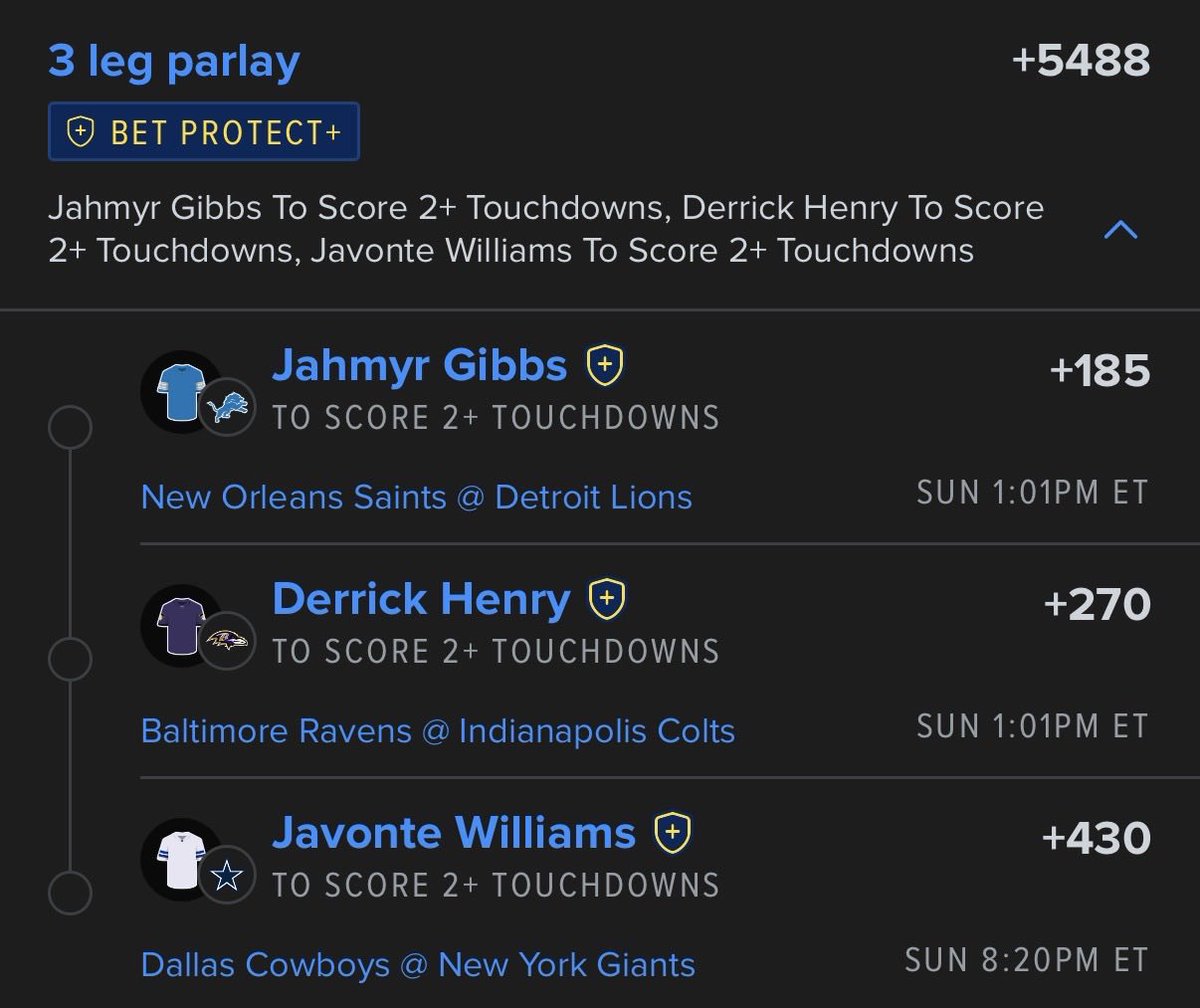 FJerimai618's tweet photo. 💣 3-LEG TD BOMB 💣

Jahmyr Gibbs 2+ TDs  
Derrick Henry 2+ TDs  
Javonte Williams 2+ TDs  

+5488 🔥

Three workhorses. Three games. One ticket that hits different.

Who’s riding? 🚀 https://t.co/KBkSEee8sS