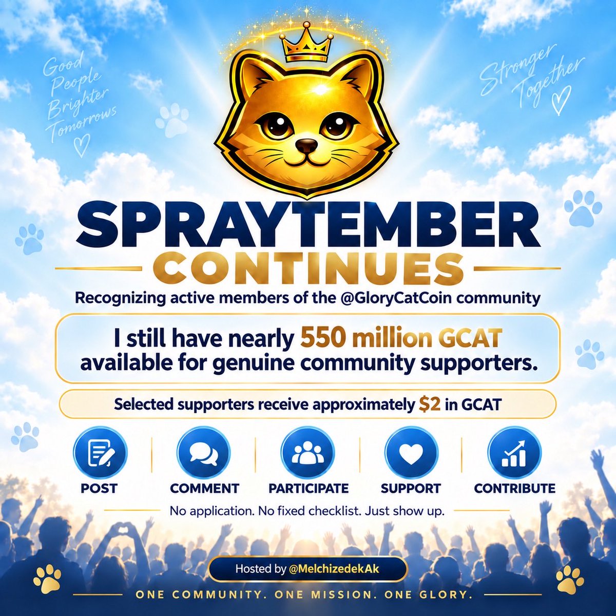 MelchizedekAk's tweet photo. SPRAYTEMBER is in full force. Just finished a round of appreciating @GloryCatCoin community members. 550 Million tokens remain. 

Let’s keep supporting. https://t.co/yRYTWLIGN3