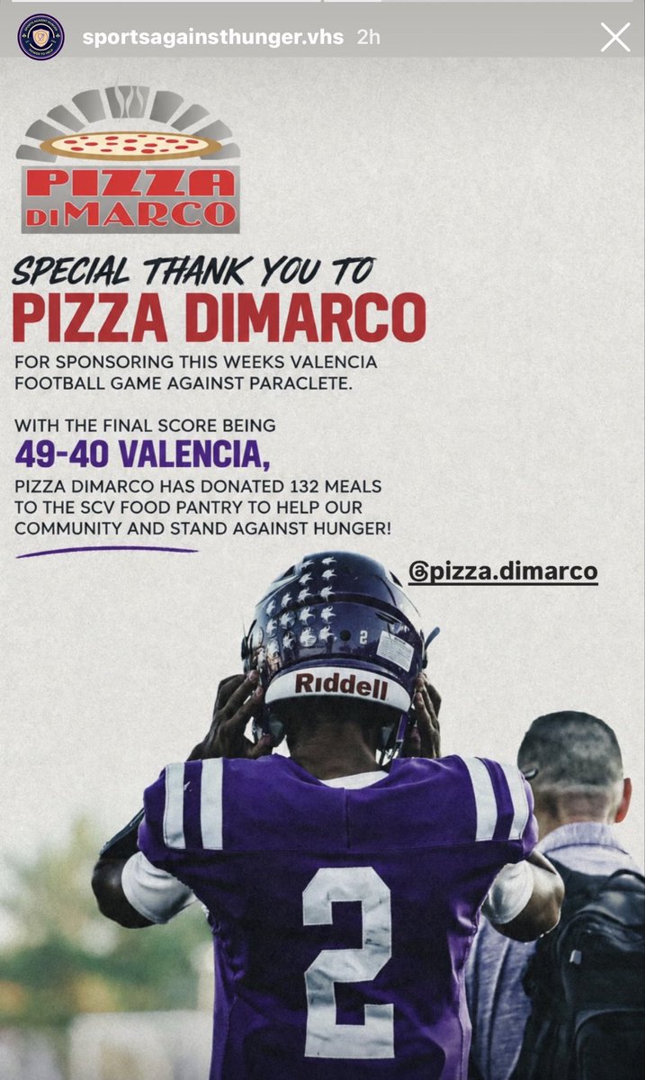 EvanMcCalister's tweet photo. We were able to provide 132 meals to the SCV FOOD PANTRY by scoring 49 points in the win over Paraclete. Special thanks to @pizzadimarco for partnering up with #sportsagainsthunger.vhs to make this happen. #biggerthenyourself #biggerthenfootball  @VHSVikingsFB @ejmuhammad4 @latsondheimer @CAPrepVarsity @quarterbackmag #freemeals @rivals @adamgorney @BrandonHuffman
