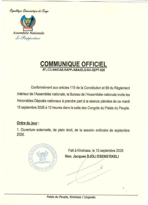 IsralMutombo11's tweet photo. Contrairement à la proposition d'Augustin Kabuya, le Bureau de l'Assemblée nationale confirme la rentrée parlementaire pour ce 15 septembre à 13 heures dans la salle de Congrès du Palais de Peuple. https://t.co/oUc7TiEDD0