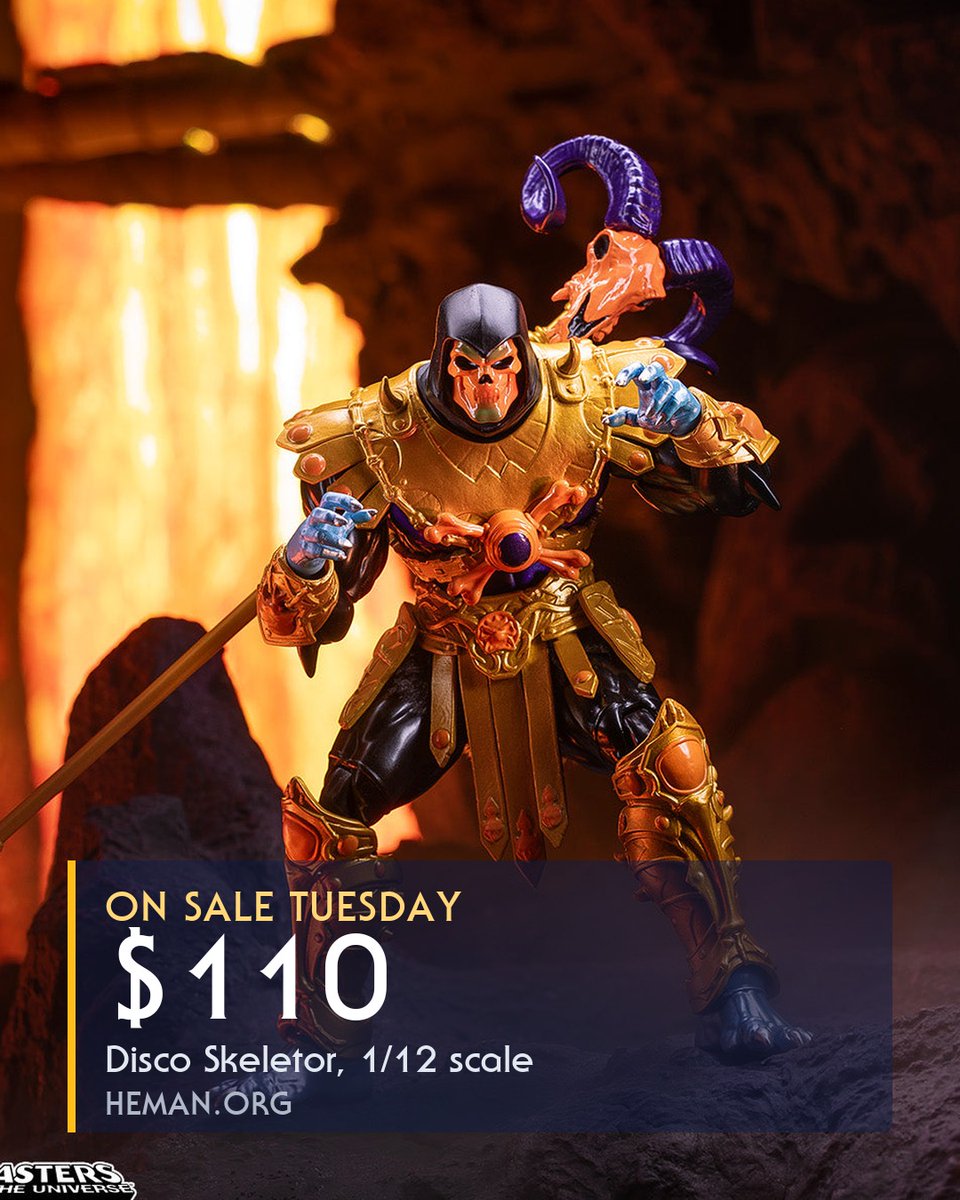 hemanorg's tweet photo. Mondo finally photographed Disco Skeletor. The online sale is Tuesday 15 September at noon Eastern, $110 at 1/12 scale, and the listing still has no button on it.

Twenty seven official images, the parts list and the price:
https://t.co/G0ViTf0o9m https://t.co/SYz9jCWSef