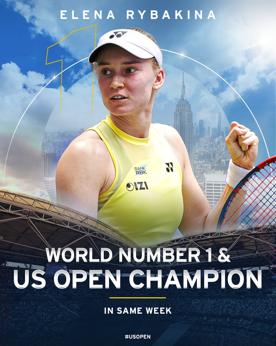 usopen's tweet photo. One week. Two crowns. 👑🏆 

Elena Rybakina is on top of the world! 🌎 https://t.co/Py0AL28CGv