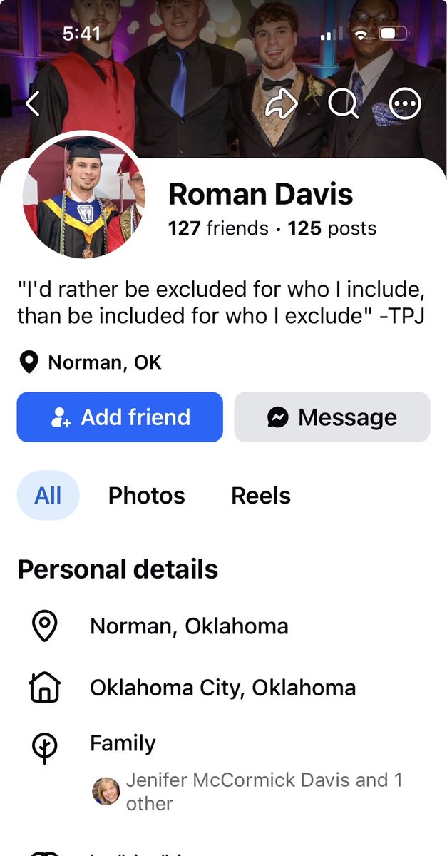 Anc_Aesthetics's tweet photo. Meet Roman Davis. Roman thinks it's funny to celebrate the assassination of Charlie Kirk. Roman is a student at The University of Oklahoma class of 2030. 

His parents are Jennifer McCormick Davis and Dodd Davis. Jennifer works for the non-profit World Neighbors and Dodd works for Oklahoma Human Services.