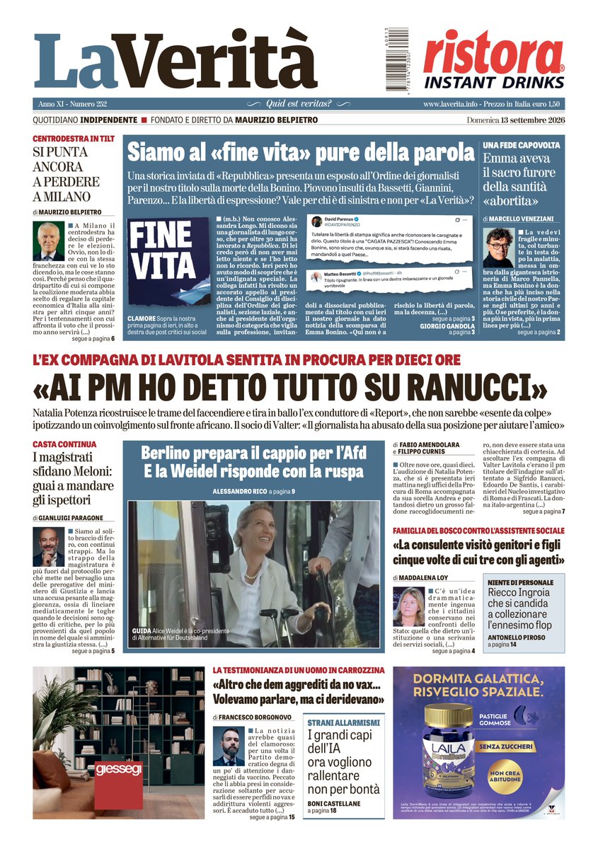 LaVeritaWeb's tweet photo. #LaVeritàdioggi

«Ai pm ho detto tutto su Ranucci»

🗞️ Siamo al «fine vita» pure della parola
🗞️ Berlino prepara il cappio per l'Afd
🗞️ I magistrati sfidano Meloni: guai a mandare gli ispettori

https://t.co/abhTBtaA7T https://t.co/u2LFuo9Kx0