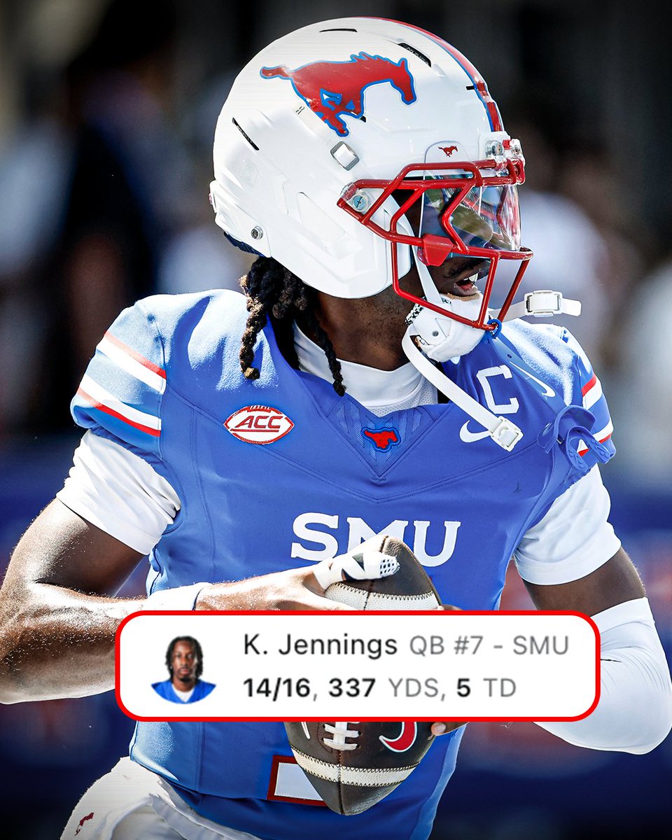 accnetwork's tweet photo. Kevin Jennings at halftime: 5 TD passes, 337 yards, 2 incompletions 🤯 @SMUFB https://t.co/nk7CLcKRTi