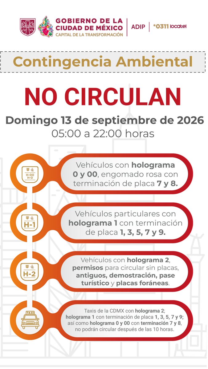 locatel_mx's tweet photo. 📣 ¡Tomen nota conductores de la #CiudadDeMéxico! 🚗
Este domingo 13 de septiembre del 2026 se activa Contingencia Ambiental por ozono.
Evita multas y revisa qué autos no circulan.
👉  https://t.co/JTWfUPaMpj https://t.co/hwZxqiusFX