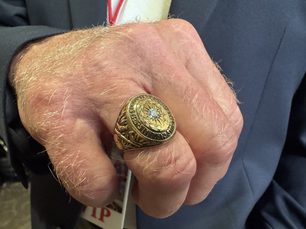 dgoold's tweet photo. Bill Sherdel’s grandson John is wearing the 1926 World Series champions ring given Sherdel and other #Cardinals. It’s fitting for today’s Hall of Fame induction ceremony. 100 years ago this was the first Cardinals’ title ring. What a piece of history.

#MLB #stlcards https://t.co/H8Vty6oSKw
