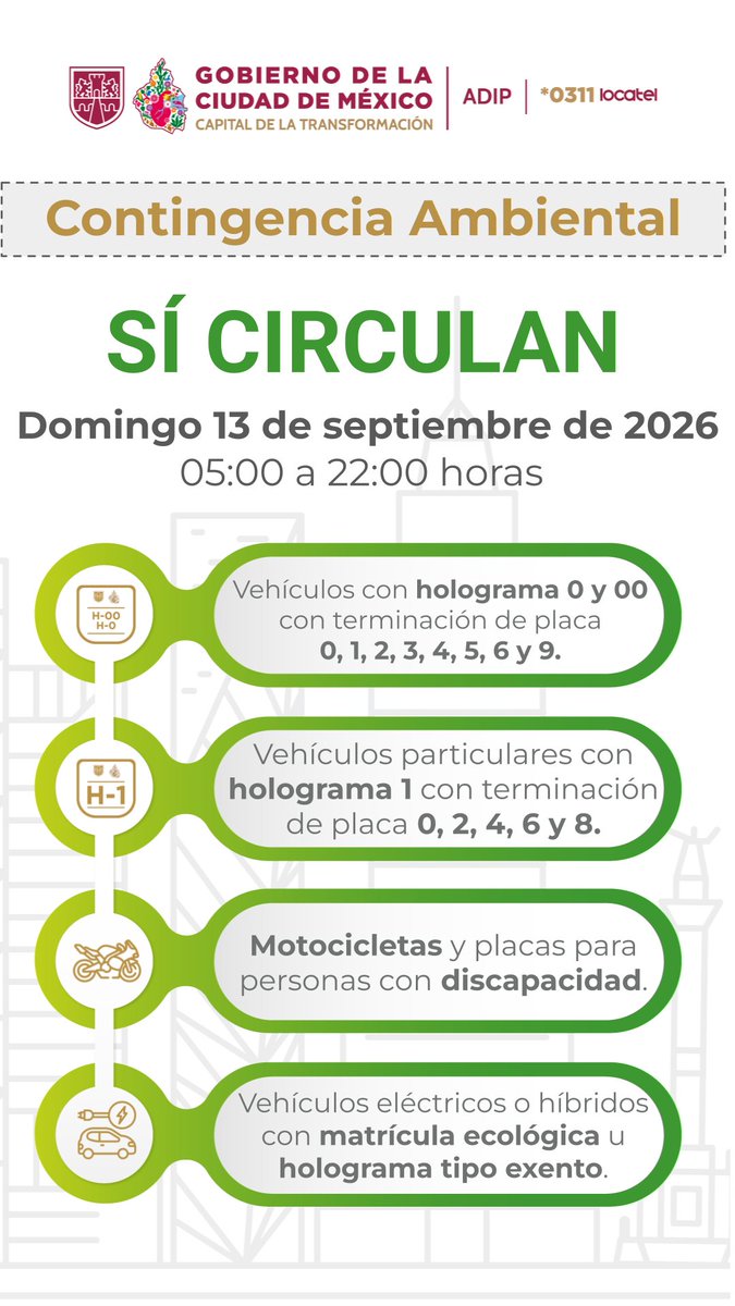 locatel_mx's tweet photo. 📣 ¡Tomen nota conductores de la #CiudadDeMéxico! 🚗
Este domingo 13 de septiembre del 2026 se activa Contingencia Ambiental por ozono.
Evita multas y revisa qué autos no circulan.
👉  https://t.co/JTWfUPaMpj https://t.co/hwZxqiusFX