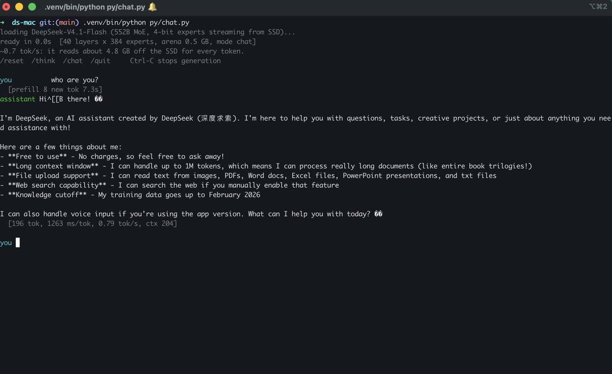 mfranz_on's tweet photo. DeepSeek v4.1 Flash is running on my MacBook Pro M5 24GB.

A 552B MoE models is running on my PC. Some numbers:
-  on disk 426 GB
- ram peak 14.0 GB
- context 1M
- 0.7 t/s

I am working on it to reach at least 1 t/s https://t.co/ZBr17ALQDx