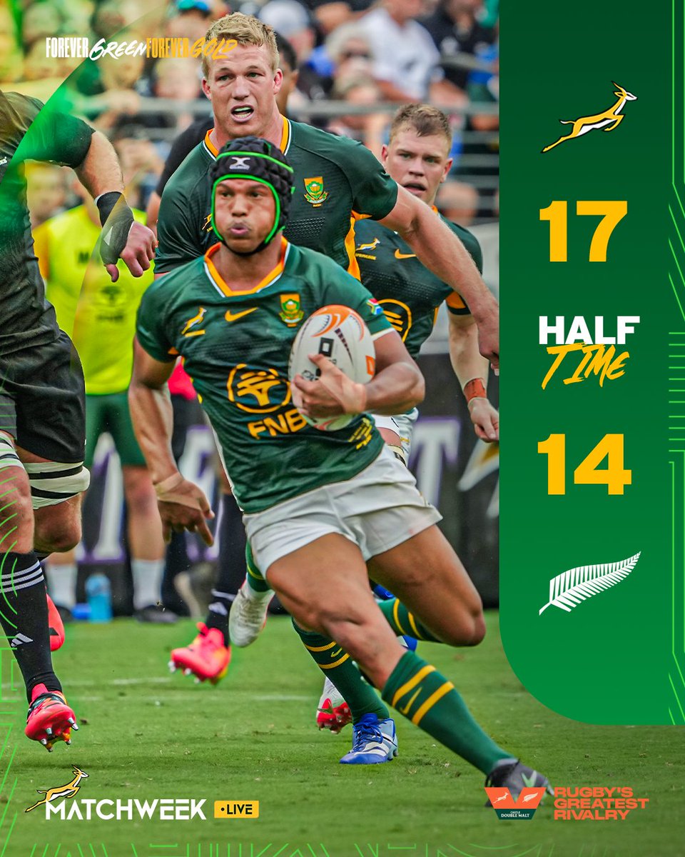 Springboks's tweet photo. Three points in it at the break in Baltimore 👀
Live updates: https://t.co/sVEwKMp14H 🏉
#Springboks #ForeverGreenForeverGold #RugbysGreatestRivalry https://t.co/7w1eVrLkK5
