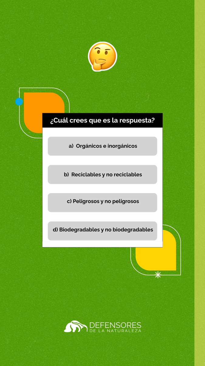 Defensores_FDN's tweet photo. 🌿✨ #TriviaDefensores ♻️
¿Sabes cuál es la clasificación primaria de los desechos sólidos según el MARN? 🤔🌎
💬 Pon a prueba tus conocimientos y descubre la clasificación puede ser el primer paso para cuidar nuestro planeta. 👇
#DefensoresGT #EducaciónAmbiental https://t.co/o7rHeC9YCd