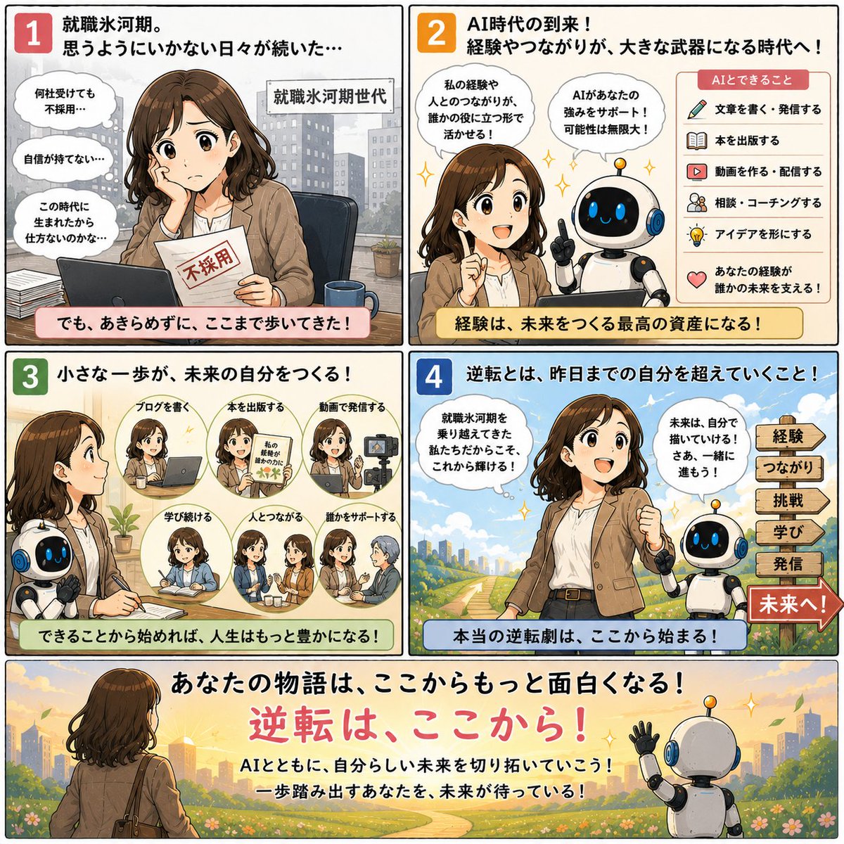 akapencc's tweet photo. 就職氷河期を生き抜いた私たち

会社で頑張り続けてきた私たち

そして
AIという新しい武器を手にしました。
ここからが、本当の逆襲です。

📖『AI時代、氷河期世代の逆襲』で、その一歩を詳しく紹介しています。
Kindle出版ブログ：https://t.co/BT7u9NvdcQ
#就職氷河期 #AI #ChatGPT #Kindle出版 https://t.co/69irYIztrx