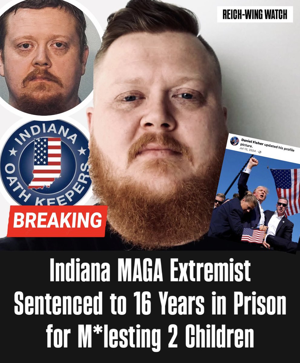ReichWingWatch's tweet photo. 🚨BREAKING: An Indiana “Oath Keeper” has been sentenced for child s*x crimes.

The 43-year-old Fort Wayne, Indiana man was sentenced Friday to 16 years in prison as part of a plea agreement, closing out a case that stretched back over a decade. 

Fisher was charged earlier this year for molesting two girls in Allen County in 2014. Both victims were under 14 years old at the time.

While the abuse sat unresolved, Fisher was busy building a MAGA social media presence. 

His Facebook — listing Fort Wayne as home, shows him posting the Indiana Oath Keepers logo back in July 2022. 

The Oath Keepers are a far-right anti-government militia group. Several members, including founder Stewart Rhodes, were convicted of seditious conspiracy for their role in the Jan. 6, 2021 Capitol attack — among the most serious charges brought against any insurrectionist that day.

In July 2024, Fisher updated his profile picture to a shot of Trump pumping his fist after the alleged 2024 assassination attempt in Butler, Pennsylvania.

Justice finally caught up. Fisher will spend the next 16 years finding out what accountability actually looks like.

Fisher does not appear to be transgender, a drag queen, undocumented immigrant, Muslim, or any other minority the right likes to demonize — making it more likely this story remains buried in the local news. 

Make sure this case gets the attention it deserves. 🔁