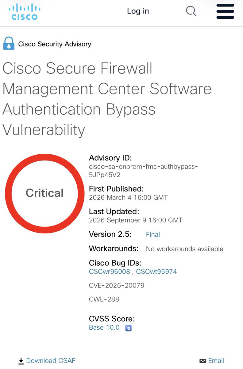 DailyDarkWeb's tweet photo. 🚨 CISCO FIREWALL VULNERABILITIES ACTIVELY EXPLOITED — ROOT ACCESS, CYCLOPS BLINK AND QILIN RANSOMWARE OBSERVED

Cisco Talos has confirmed active exploitation of two vulnerabilities affecting Cisco Secure Firewall Management Center (FMC).

The most serious:

CVE-2026-20079
CVSS: 10.0 — CRITICAL

The vulnerability allows an unauthenticated remote attacker to bypass authentication and execute scripts and commands that can provide ROOT access to the underlying operating system.

Cisco says the vulnerability is being actively exploited in the wild.

A second vulnerability, CVE-2026-20316 (CVSS 5.3), exposes static credentials for a low-privileged account and has also been actively exploited.

But the post-exploitation activity is where this becomes particularly interesting.

Cisco Talos identified THREE distinct intrusion clusters.

🔴 Cluster #1 — UAT-12197

Attackers exploited CVE-2026-20079 and deployed:

* Web shells
* JAR-based command execution
* Credential harvesting
* Data exfiltration

🔴 Cluster #2 — UAT-11823

Attackers exploited the FMC vulnerabilities and ultimately deployed CYCLOPS BLINK.

Observed capabilities included:

* Reverse shells
* Credential harvesting
* Configuration theft
* Network reconnaissance
* Packet sniffing
* File upload/download
* Arbitrary command execution

Cyclops Blink has previously been attributed to Russia's Sandworm APT by U.S. and UK authorities.

Cisco says UAT-11823 overlaps in tooling with Sandworm, but does NOT directly attribute this cluster to Sandworm.

🔴 Cluster #3 — UAT-11988 / RANSOMWARE

Cisco assesses with HIGH CONFIDENCE that this actor is a ransomware operator.

After gaining access to FMC, the attacker:

* Conducted extensive internal reconnaissance
* Harvested Active Directory and MySQL credentials
* Enumerated domain infrastructure
* Established SOCKS5 and reverse-SSH tunnels
* Used Impacket and Invoke-TheHash
* Deployed custom AV killers
* Identified endpoints for encryption

The intrusion ultimately resulted in QILIN RANSOMWARE being deployed on selected endpoints.

Talos says the actor's TTPs were consistent with Qilin ransomware affiliates.

⚠️ Analyst Note:

Compromising security infrastructure creates a particularly dangerous situation.

The device intended to protect and manage the network becomes the attacker's foothold:

Internet-facing FMC
→ Root access
→ Credential harvesting
→ Internal reconnaissance
→ Network tunneling
→ Lateral movement
→ Ransomware deployment

Cisco has released hotfixes and strongly recommends applying them immediately.

There are NO workarounds for CVE-2026-20079.

Organizations running Cisco Secure FMC should treat this as an active-compromise scenario, not simply a patch-management exercise.

Patch immediately — and investigate whether exploitation occurred before remediation.

Official Cisco Talos research:
https://t.co/XBjP1YWc9H

Official Cisco Security Advisory:
https://t.co/RZHoXIDxyG

#DDW #Cisco #Qilin #Ransomware #CyberSecurity