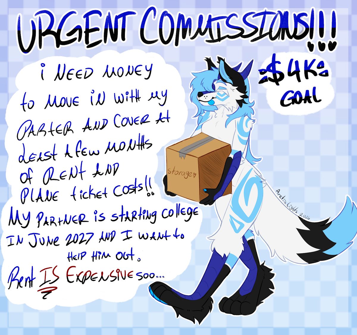 arctiiclightsAD's tweet photo. I’ll post this here as well and just hope i get some traction
Basically what it says, i’m hoping to move in with my bf! i’m also hoping to make enough money to help with rent and groceries and to sustain myself
#furry #commissions #artcommissions #commissionsopen #fundraiser https://t.co/mlgUqczECx