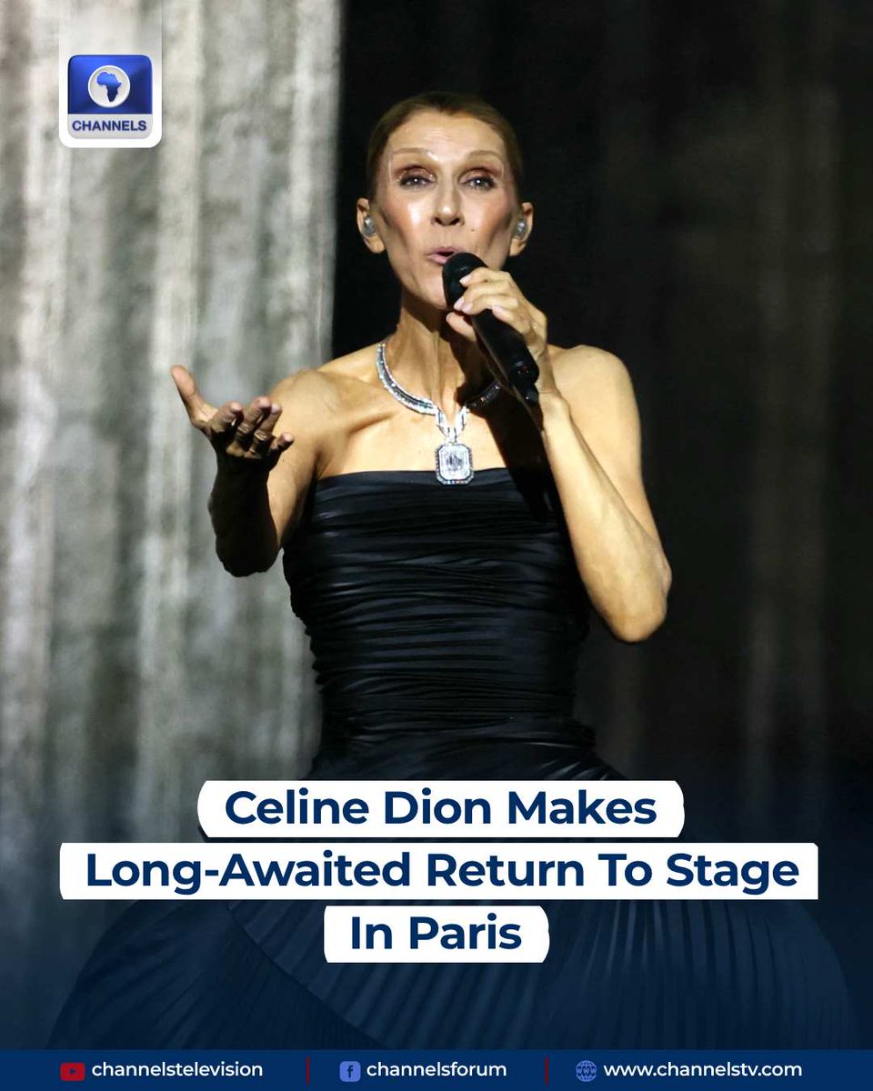 channelstv's tweet photo. #Photostory: Celine Dion wept tears of joy on Saturday as she fulfilled her dream of returning to the stage after years battling a rare neurological disorder, with a sell-out concert in Paris.

The 58-year-old French Canadian singer appeared visibly moved as she opened her first full concert in six years with her 1990s French-language ballad "On ne change pas" ("One Doesn't Change"), singing to a crowd of 30,000 enthralled fans that one newspaper said included US former first lady Michelle Obama.