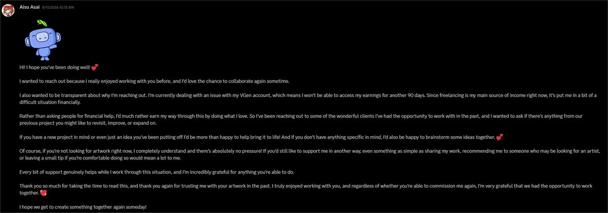 AisuAsai's tweet photo. @discord @discord_support I've had an impersonator on discord trying to scam my past clients for a couple months now, I've had almost every person they've reached out to report them, I've reported them, and I've even tried opening a support request about it and nothing has happened, I'm still getting dms of them trying to scam my clients  

This is frankly embarrassing for me and you guys as a company that nothing has been done about this  

If anyone gets a dm from them please report them, hopefully someone from discord sees this and actually does something instead of just ignoring every single report 

like + rt appreciated, I just want this to be over