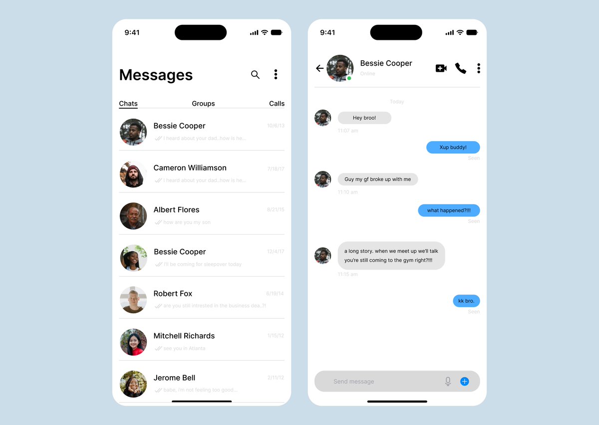izzah_ade1's tweet photo. Day 9 &amp; 10 of My  UI Design Challenge 🎨

Day 9 - Travel Agency Search Screen 
Day 10 - Messaging App 

Two more challenges completed. Still learning, growing &amp; improving. 🚀

Feedback is welcome! 😁
@JoshOpaleke
@Meedayyy

#TechCrush #UIUX #ProductDesign #Figma #DesignJourney https://t.co/98bbi3VUfo